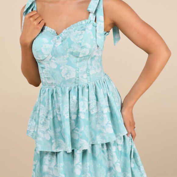 Lulus | Lovely Bliss Aqua Floral Jacquard Strapless Bustier Midi Dress Blue - Picture 3 of 6